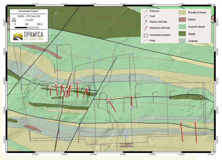Arrowhead geology and drill hole locations.